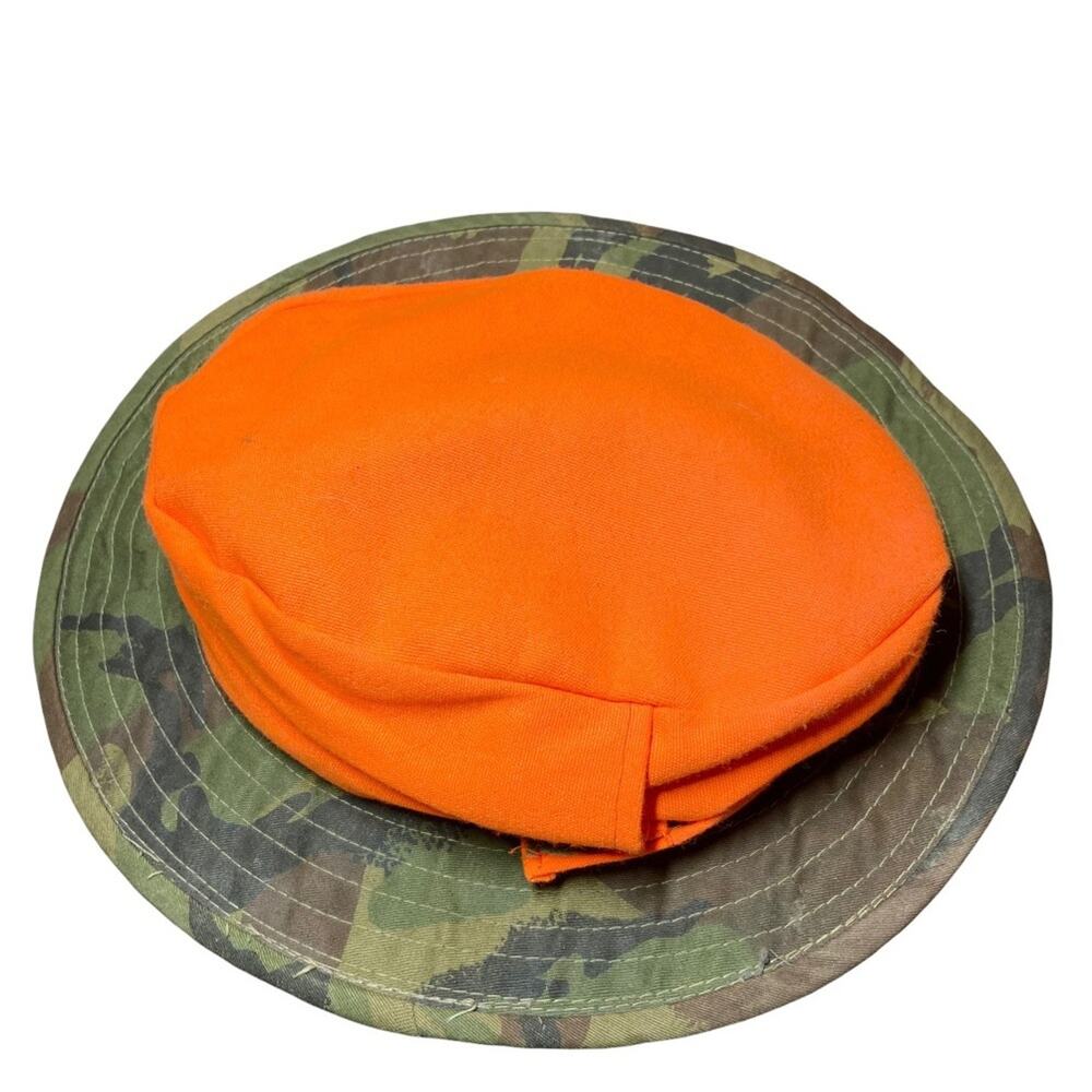 Vintage Duck Hunting Hat 80s Hong Kong Cotton Camouflage Removable Orange M